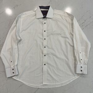 Robert Graham XXL White LS Casual Button Up Shirt Striped Flip Cuff‎ Embroidered